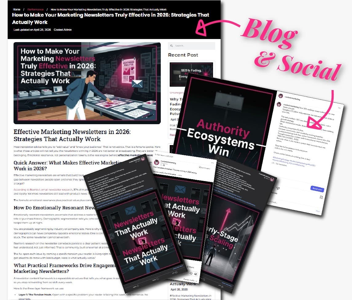 Sample blog posts and social graphics published by Coolest.Agency for real customers